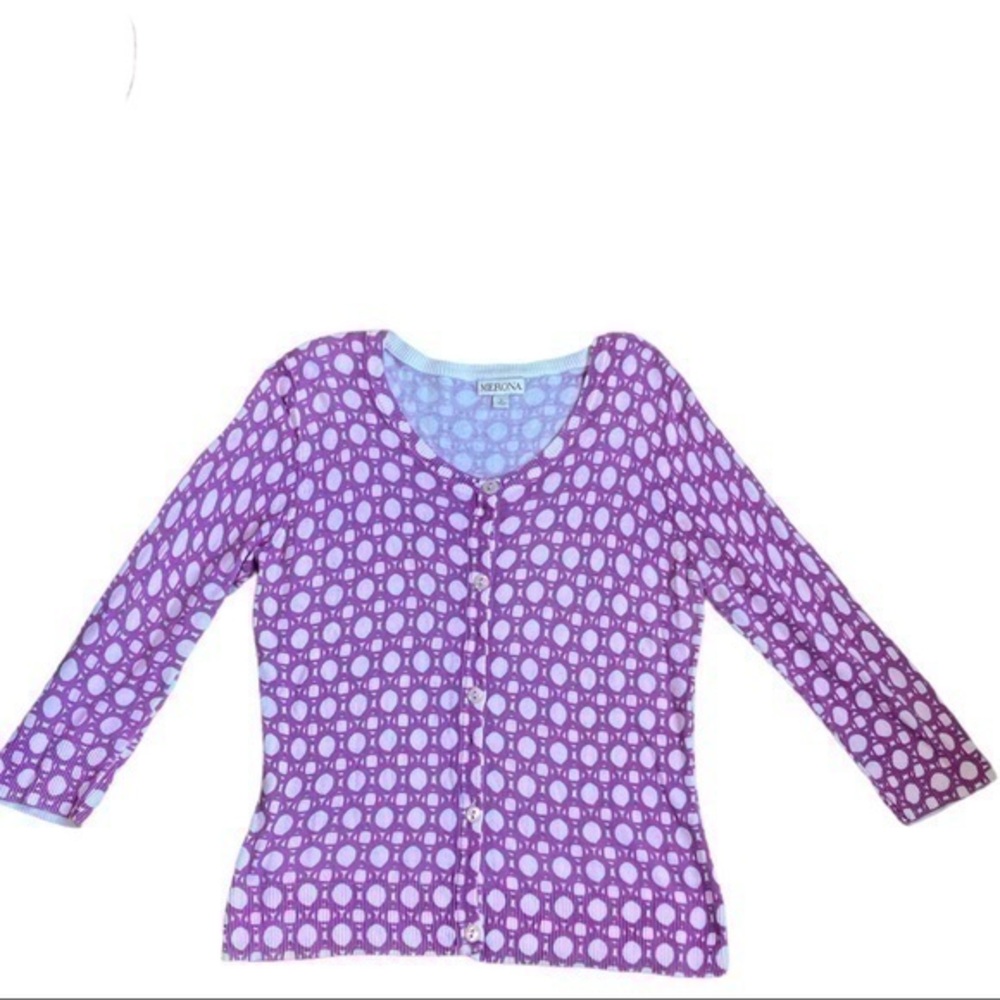 Merona size large button up cardigan lightweight soft lavender white geometric